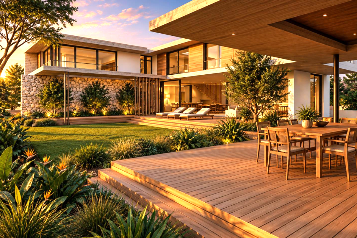 A luxurious modern rear exterior featuring expansive timber decking, stone feature walls, and seamless indoor-outdoor flow through large sliding glass doors.