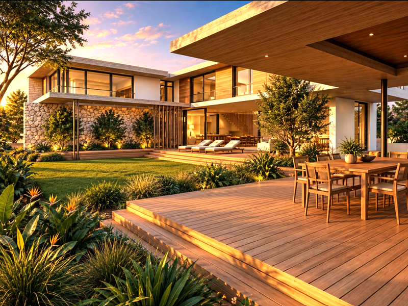 A luxurious modern rear exterior featuring expansive timber decking, stone feature walls, and seamless indoor-outdoor flow through large sliding glass doors.