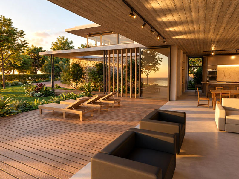 A luxurious open-plan living and kitchen area seamlessly transitioning to a spacious timber deck with sunset views and modern architectural finishes.