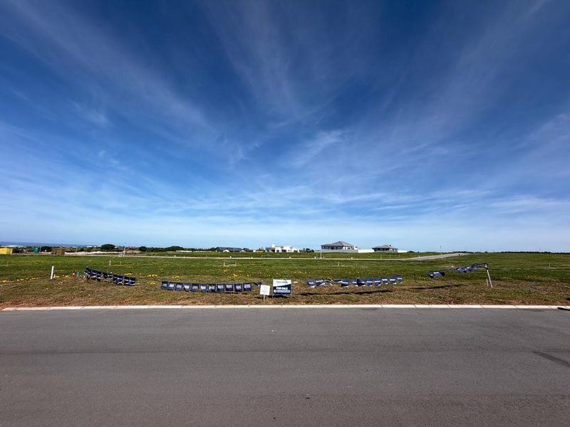 A wide-angle view of a vacant residential plot of land featuring a paved road frontage and clear horizon.