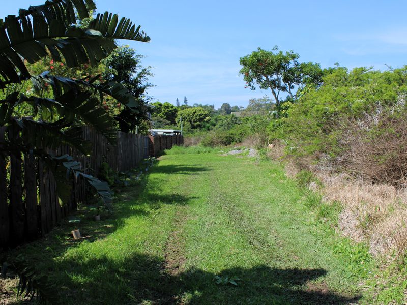 A view of a vacant residential plot featuring a grass lawn, established trees, and a wooden boundary fence.