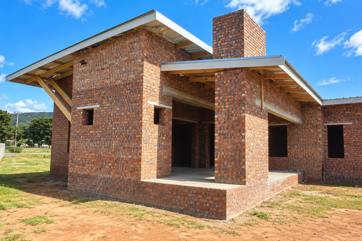 A newly constructed house in the shell stage, featuring exposed brickwork, a metal roof, and a prominent brick chimney, awaiting final finishes and landscaping.