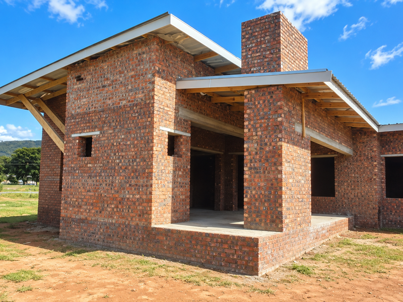 A newly constructed house in the shell stage, featuring exposed brickwork, a metal roof, and a prominent brick chimney, awaiting final finishes and landscaping.