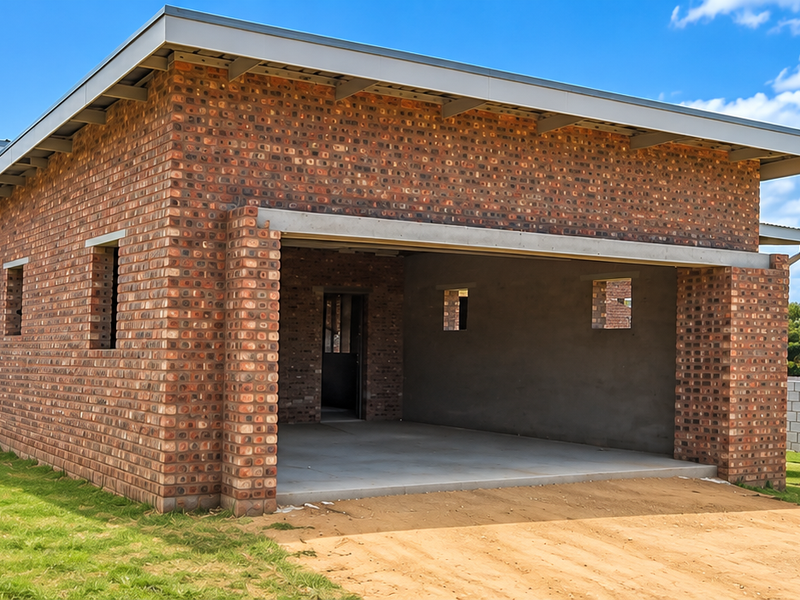 A modern face brick house featuring a large open garage space, concrete boundary walls, and a spacious lawn area.