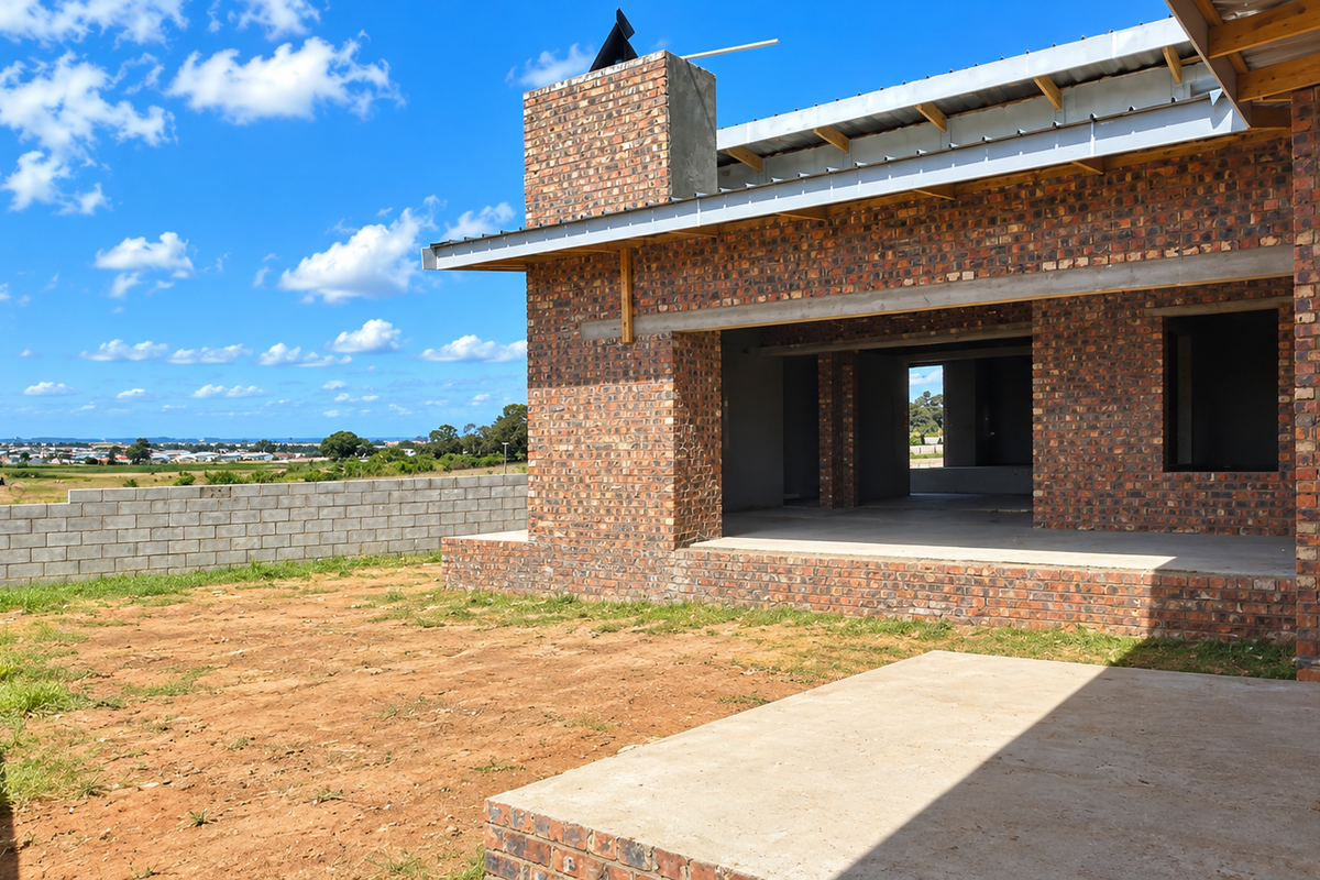 Rear view of a house under construction featuring exposed brickwork, a concrete patio slab, and a large open-plan living area awaiting completion.