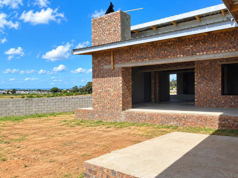 Rear view of a house under construction featuring exposed brickwork, a concrete patio slab, and a large open-plan living area awaiting completion.
