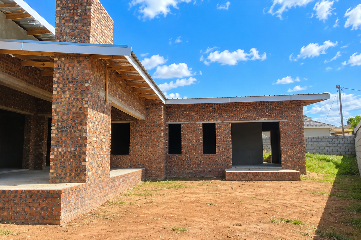 Rear view of a house under construction featuring face brick walls, exposed roof rafters, and an unlandscaped yard.