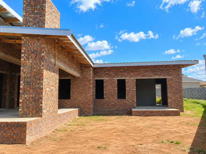 Rear view of a house under construction featuring face brick walls, exposed roof rafters, and an unlandscaped yard.