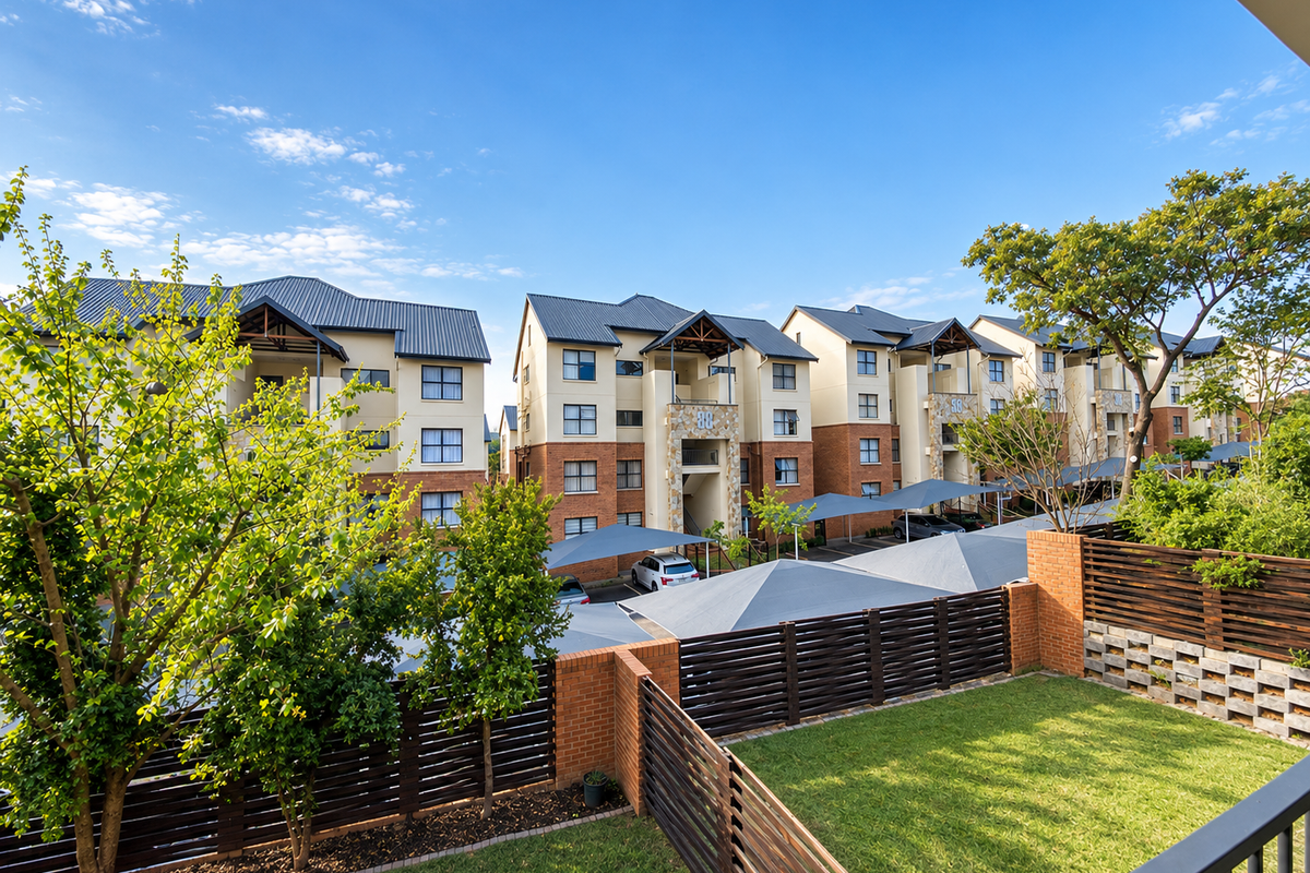 A view of the apartment complex exterior featuring brick and stone facades, metal roofing, and well-maintained communal garden areas with shaded parking.