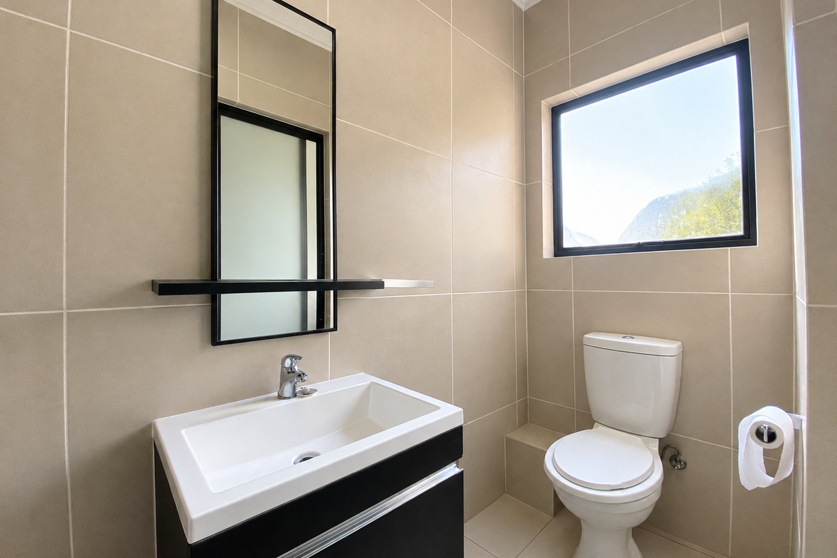 A modern, well-maintained bathroom featuring neutral wall tiles, a sleek vanity with a basin, and a toilet.