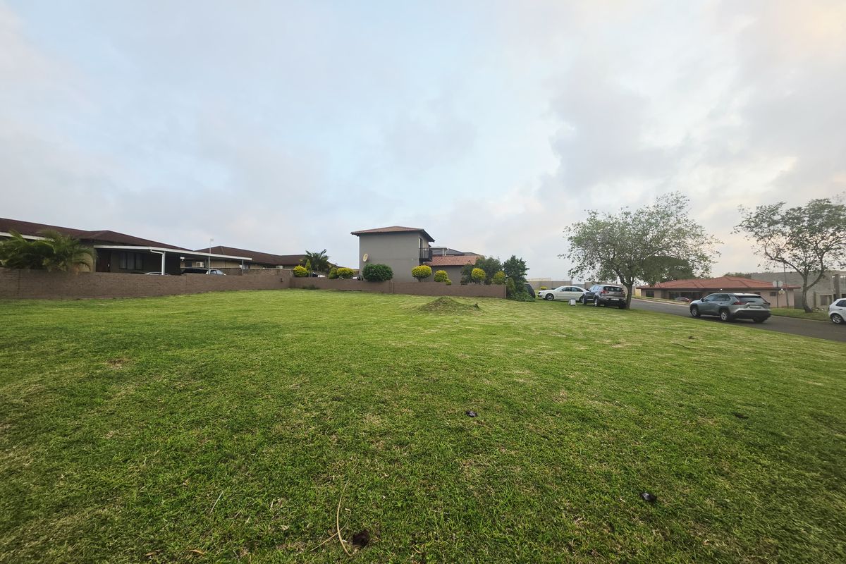 A wide-angle view of a vacant residential plot featuring a well-maintained lawn and perimeter wall, situated in a developed neighborhood.