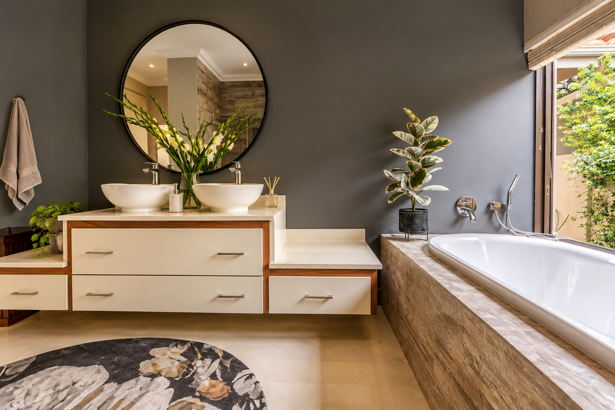 Modern bathroom featuring a double vanity with vessel sinks, a built-in bathtub with stone tile surround, and a large round mirror.