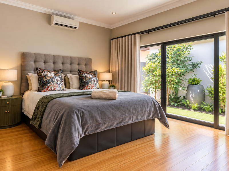 A well-appointed bedroom featuring bamboo flooring, a split-system air conditioner, and large sliding glass doors providing direct access to a private garden area.