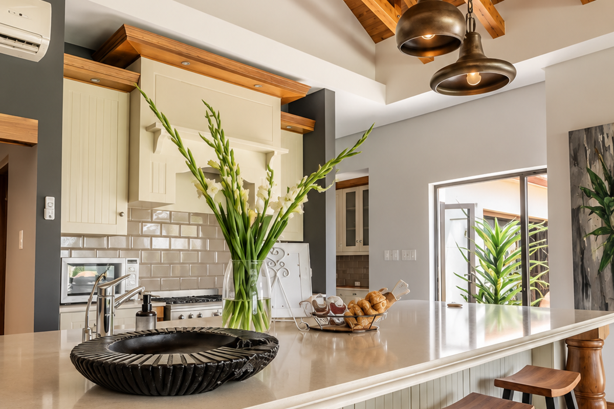 Modern kitchen featuring a large stone island, exposed timber vaulted ceiling, subway tile backsplash, and integrated appliances, opening to an outdoor patio area.
