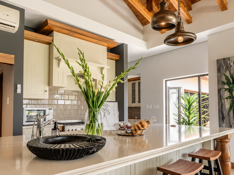 Modern kitchen featuring a large stone island, exposed timber vaulted ceiling, subway tile backsplash, and integrated appliances, opening to an outdoor patio area.