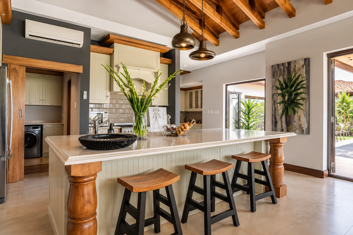 A well-appointed kitchen featuring a large island with stone countertops, exposed timber ceiling beams, and seamless access to the outdoor patio area.