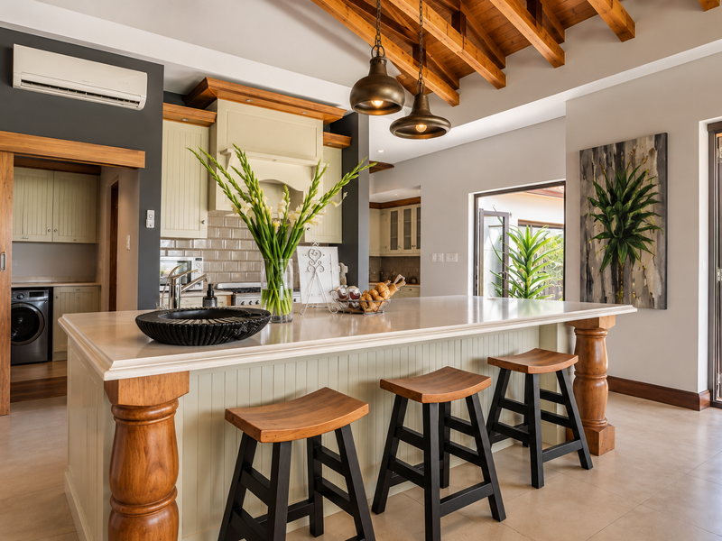 A well-appointed kitchen featuring a large island with stone countertops, exposed timber ceiling beams, and seamless access to the outdoor patio area.