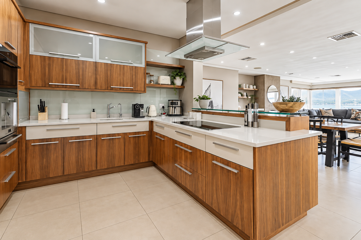 Modern open-plan kitchen featuring high-end wood-grain cabinetry, stone countertops, integrated appliances, and a seamless flow into the adjacent dining and living area.
