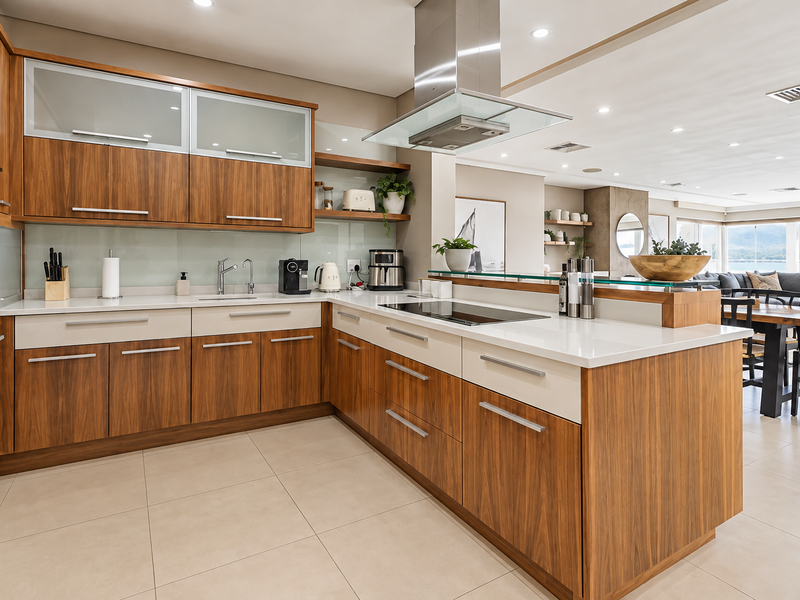 Modern open-plan kitchen featuring high-end wood-grain cabinetry, stone countertops, integrated appliances, and a seamless flow into the adjacent dining and living area.