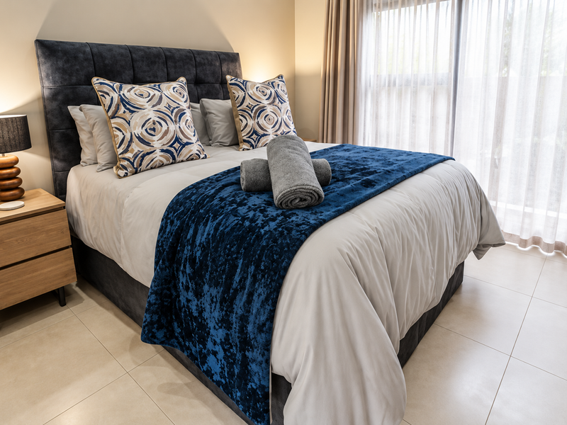 A well-appointed bedroom featuring neutral tiled flooring and a large sliding glass door with curtains, providing ample natural light.