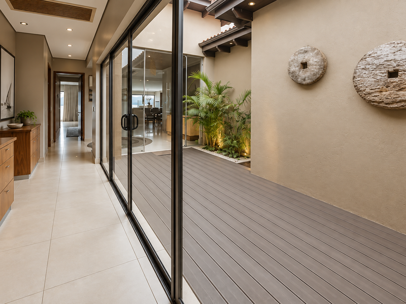 A modern covered patio featuring composite decking, large sliding glass doors, and exposed timber rafters, seamlessly connecting the interior hallway to the outdoor space.