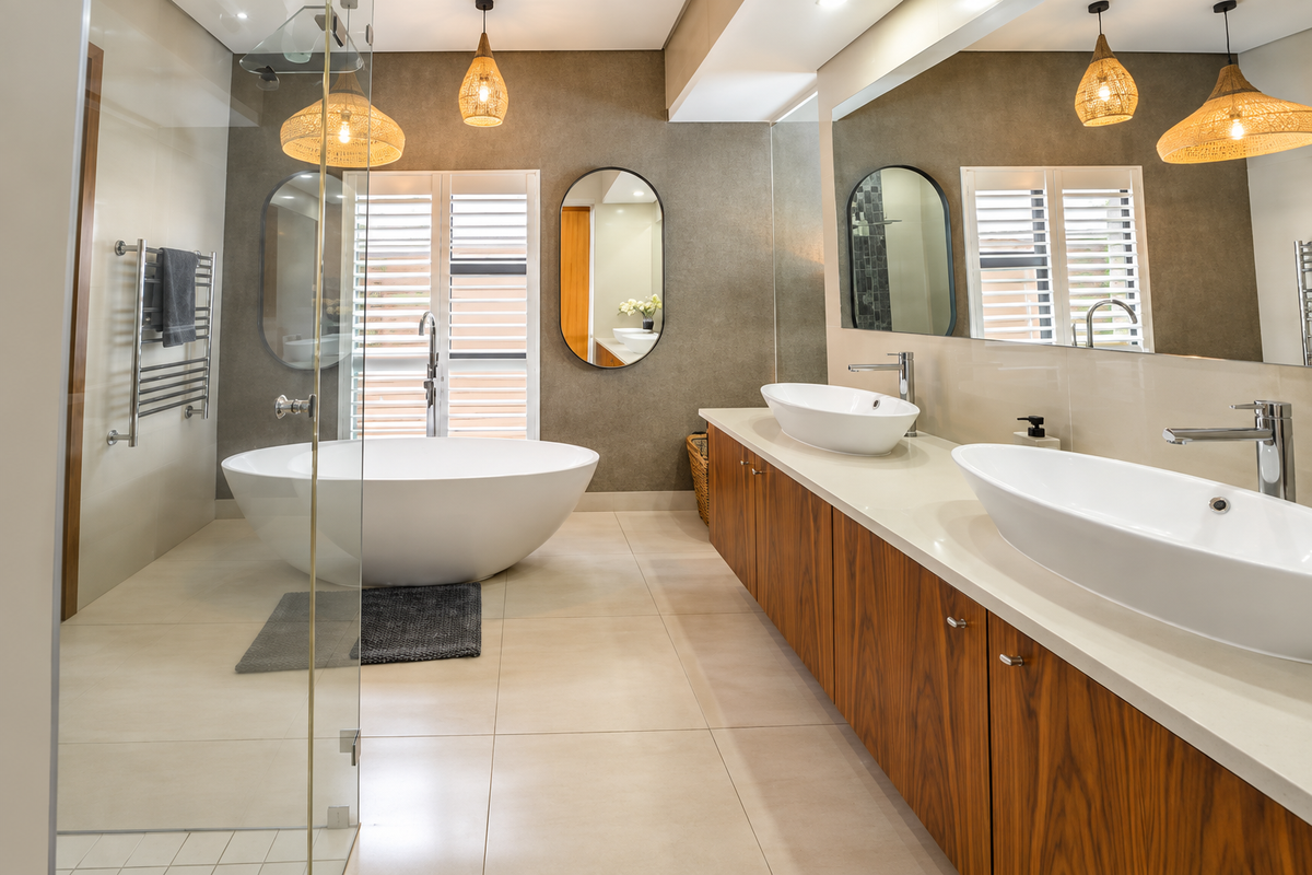 Modern bathroom featuring a freestanding bathtub, double vanity with vessel sinks, glass-enclosed shower, and high-quality finishes throughout.