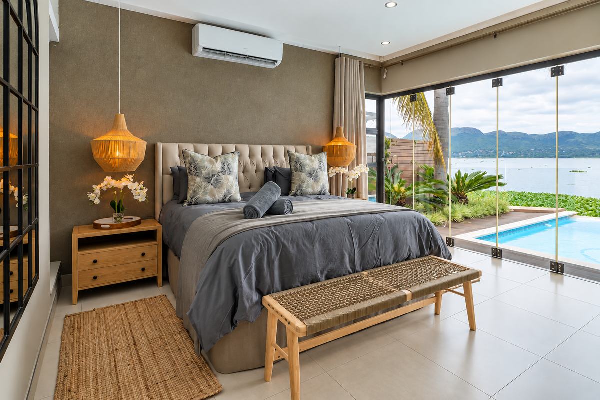 A modern, well-appointed bedroom featuring tiled floors, air conditioning, and floor-to-ceiling glass doors that open directly onto a private pool deck with water views.