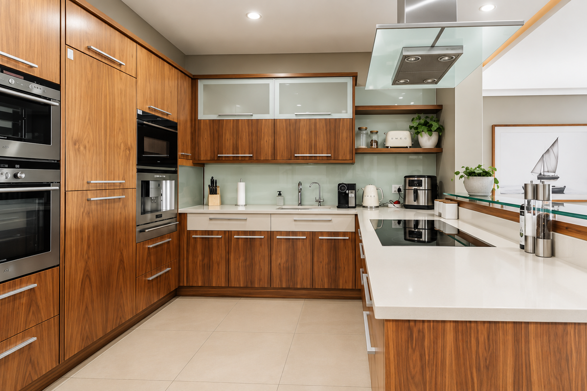 Modern kitchen featuring high-quality wood cabinetry, stone countertops, integrated appliances, and a sleek glass extractor fan, offering a clean and functional culinary space.