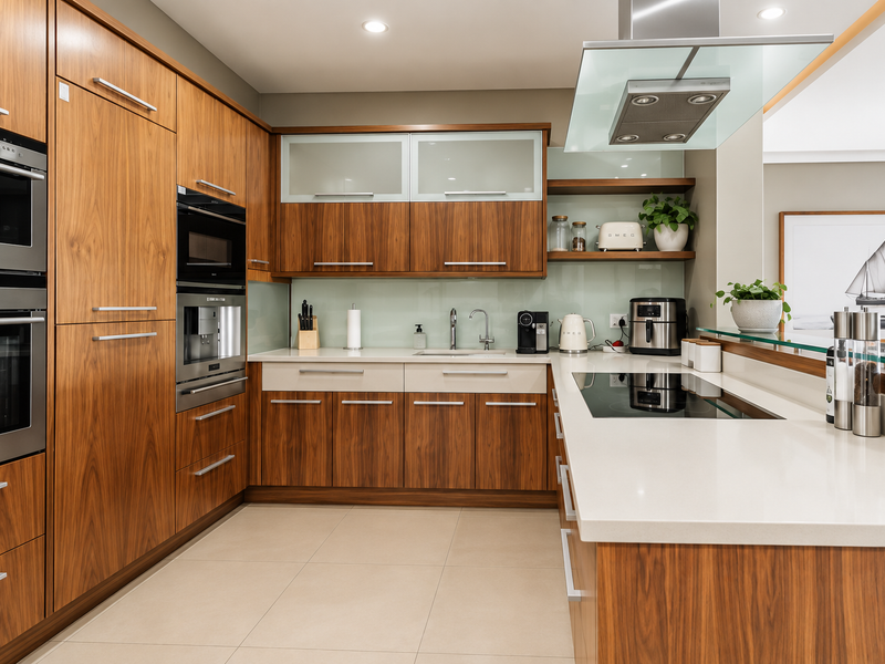 Modern kitchen featuring high-quality wood cabinetry, stone countertops, integrated appliances, and a sleek glass extractor fan, offering a clean and functional culinary space.