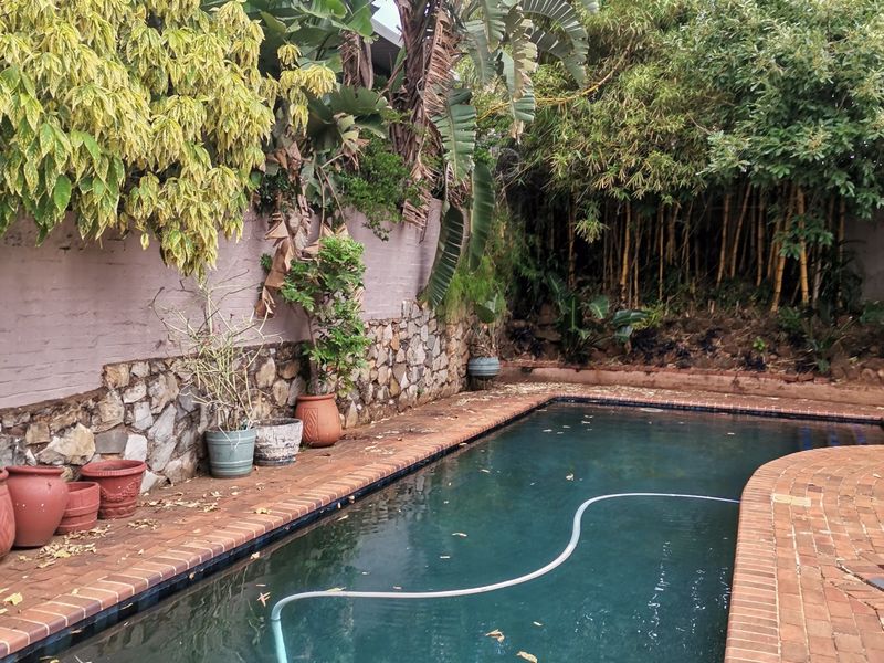 A private swimming pool area featuring brick coping, a stone retaining wall, and established garden surroundings.