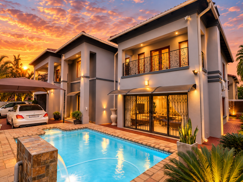A beautifully maintained double-story home featuring a sparkling swimming pool, water feature, and a covered patio area, perfect for outdoor entertaining.