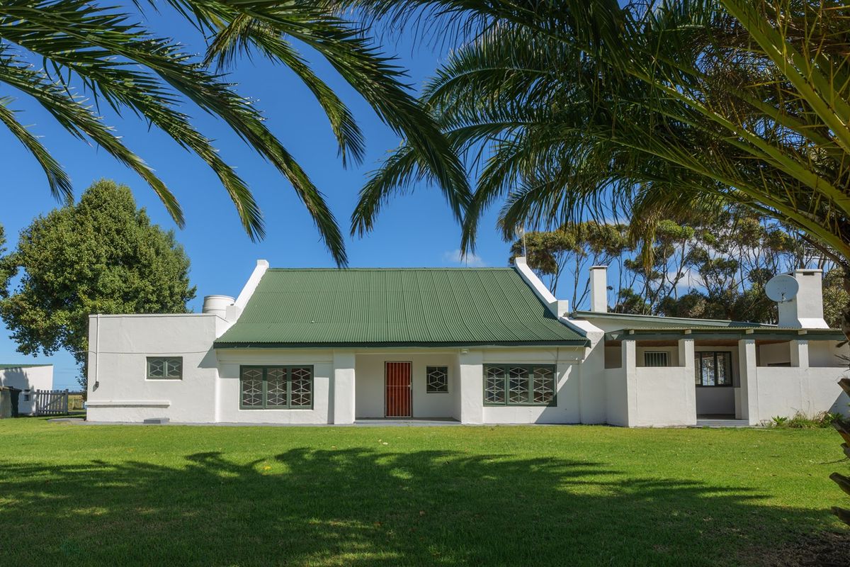 A well-maintained single-story home featuring a green corrugated metal roof, white plastered exterior, and a spacious front lawn under a clear blue sky.