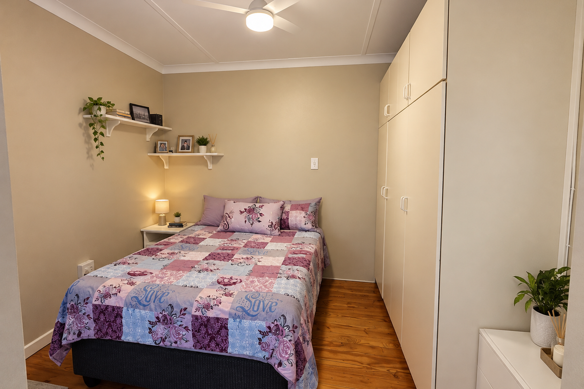 A well-maintained bedroom featuring polished timber flooring, a built-in wardrobe, and a ceiling fan, offering a clean and functional living space.