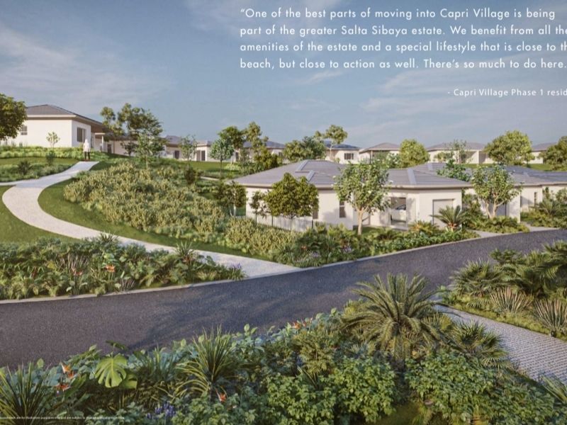 An architectural rendering of the Capri Village residential estate, showcasing landscaped grounds, paved pathways, and modern housing units within a community setting.