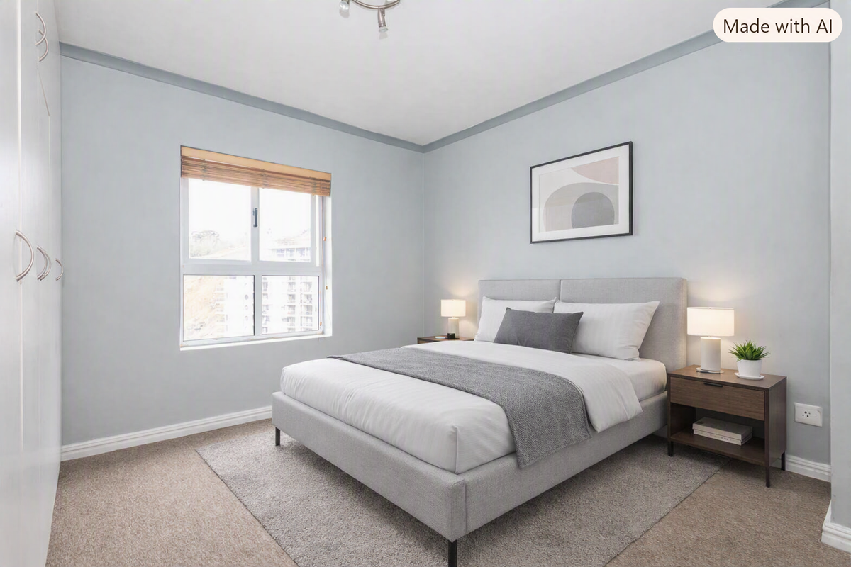 A well-maintained bedroom featuring neutral wall tones, carpeted flooring, and a built-in wardrobe, offering a clean and comfortable living space.