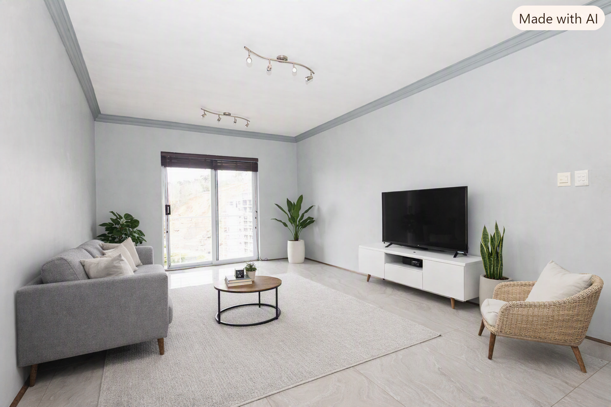 A bright and modern living room featuring neutral tiled flooring, crown molding, track lighting, and a sliding glass door leading to an outdoor area.