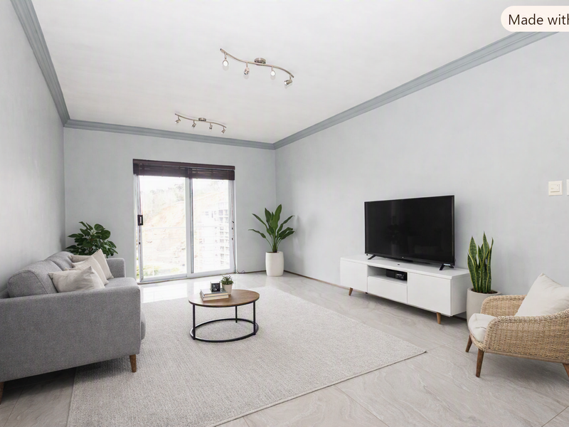 A bright and modern living room featuring neutral tiled flooring, crown molding, track lighting, and a sliding glass door leading to an outdoor area.