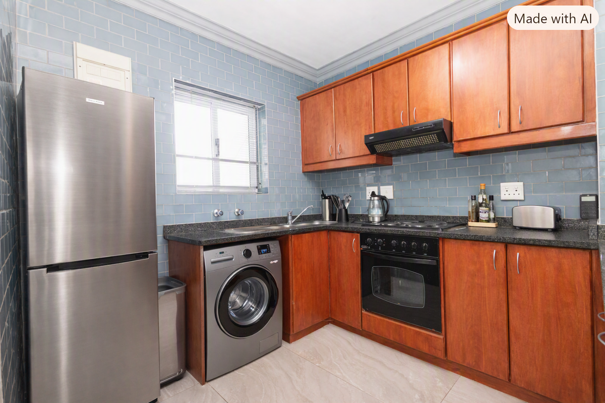 A functional kitchen featuring wooden cabinetry, granite countertops, subway tile backsplash, and integrated appliances including an oven, hob, and extractor fan.