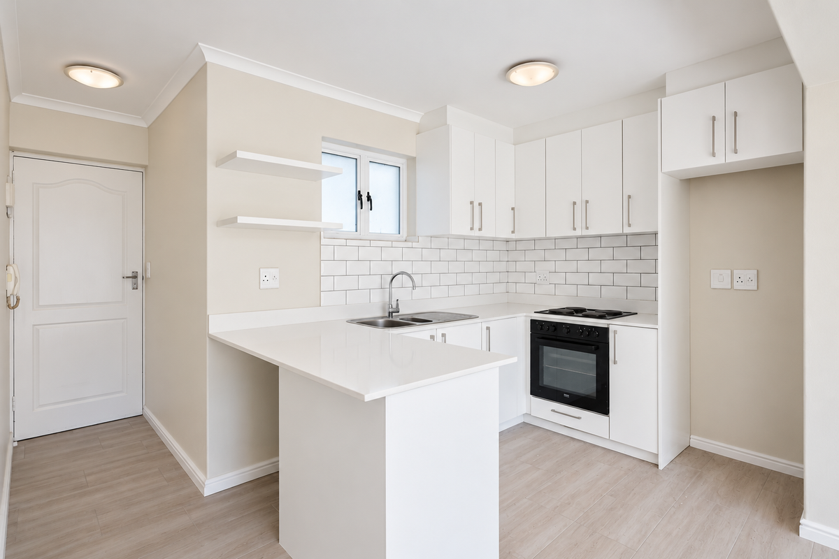 A clean, modern kitchen featuring white cabinetry, subway tile backsplash, quartz countertops, and built-in oven with hob, finished with light laminate flooring.