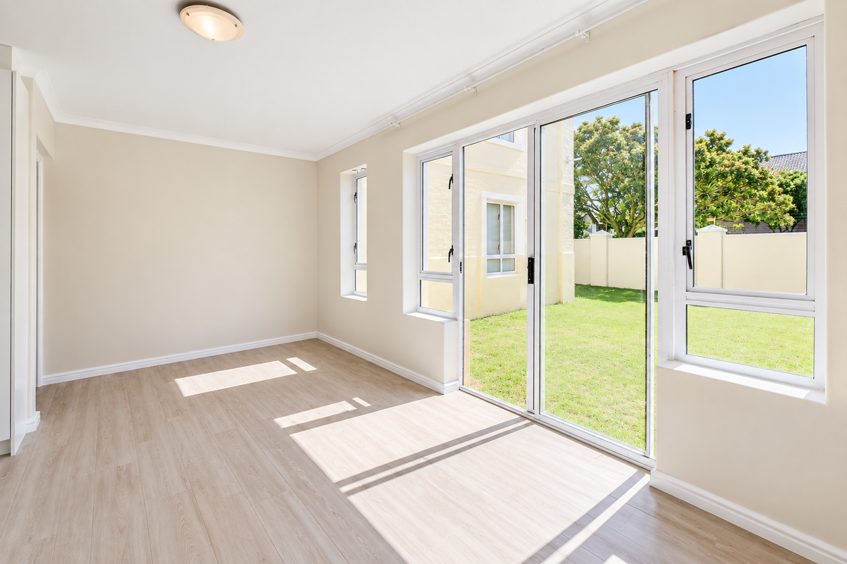 Bright and spacious living area featuring modern laminate flooring, large sliding glass doors, and direct access to the garden.
