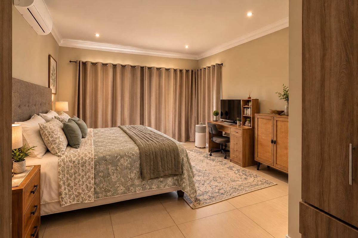 A well-maintained bedroom featuring tiled flooring, recessed downlighting, and a wall-mounted split-system air conditioner.