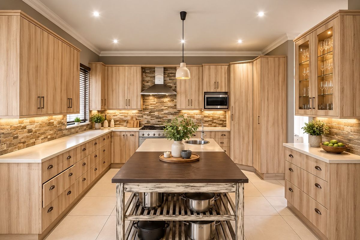 Modern kitchen featuring light wood cabinetry, stone tile backsplash, stainless steel appliances, a central island, and integrated under-cabinet lighting.