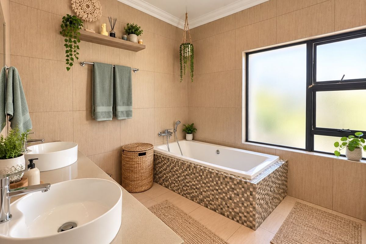 A modern, well-maintained bathroom featuring a double vanity with vessel sinks, a built-in bathtub with mosaic tiling, and a large frosted window.