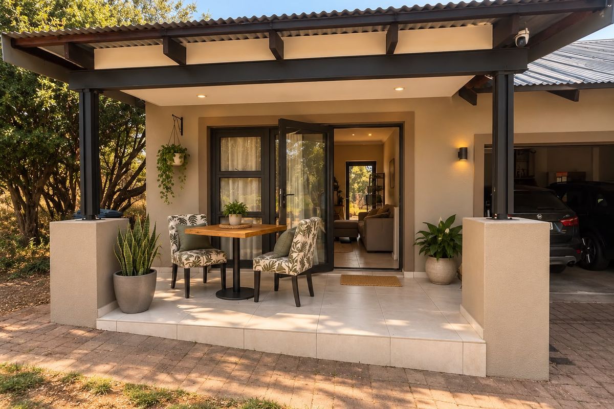 A well-maintained covered patio featuring tiled flooring, recessed lighting, and direct access to the interior through double glass doors.
