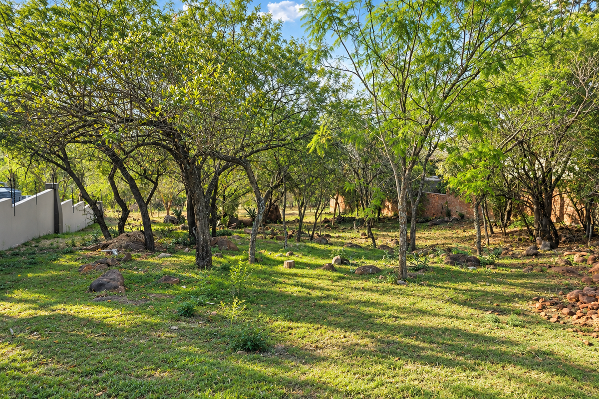 A spacious residential plot featuring established trees, natural rocky terrain, and a perimeter boundary wall, offering a private and serene setting.
