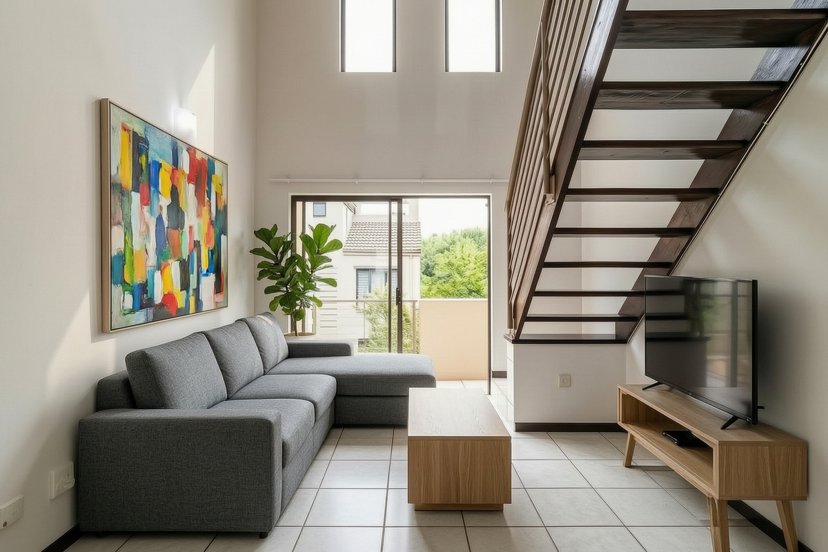 Bright double-volume living room featuring tiled floors, a modern staircase, and large sliding doors leading to an outdoor balcony area.