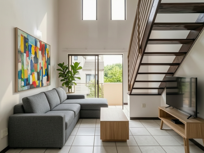Bright double-volume living room featuring tiled floors, a modern staircase, and large sliding doors leading to an outdoor balcony area.