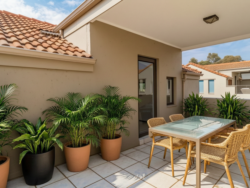 A covered outdoor patio featuring tiled flooring, a ceiling light fixture, and direct access to the interior through a sliding glass door.