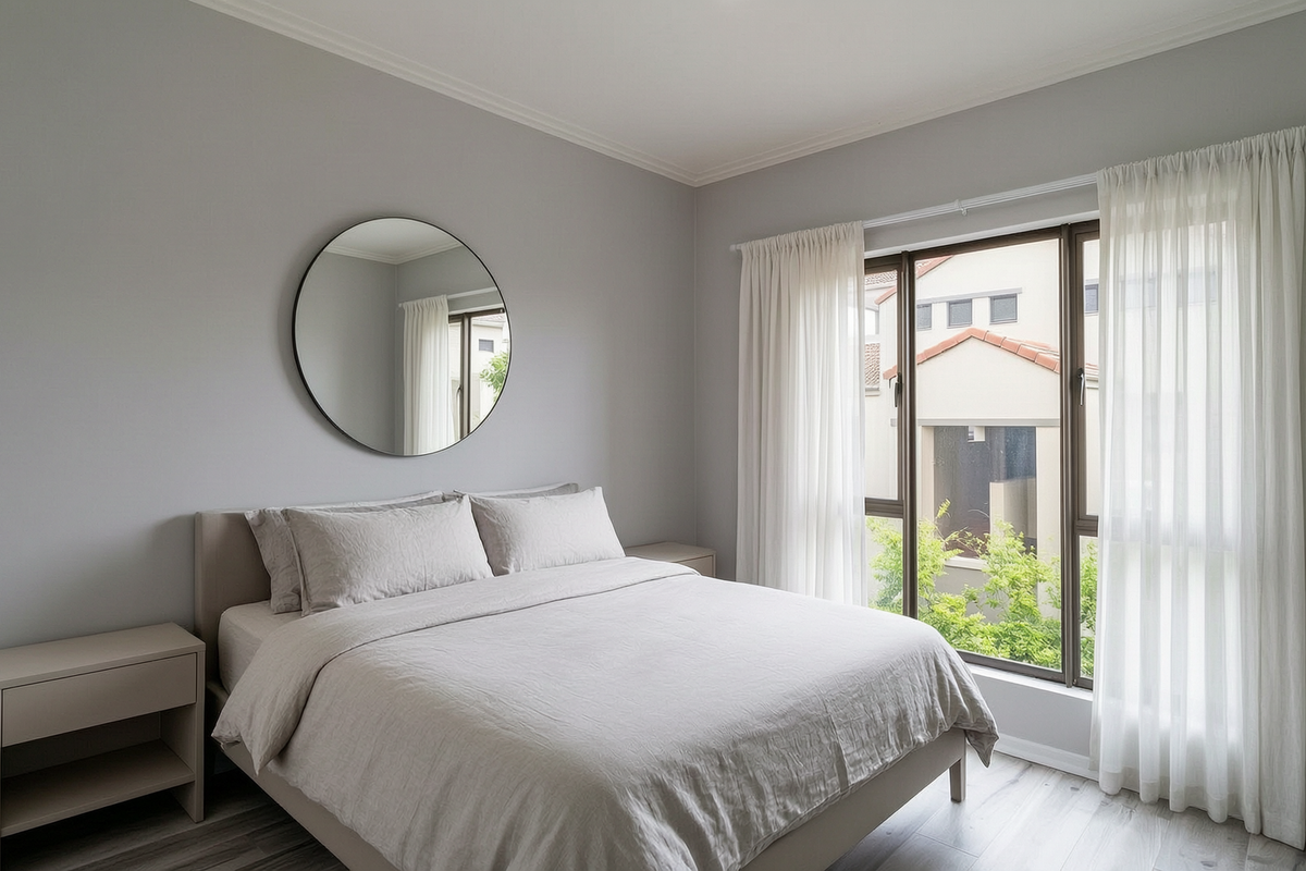 A well-maintained bedroom featuring neutral wall tones, laminate flooring, and large windows with curtain tracks, offering a bright and comfortable living space.