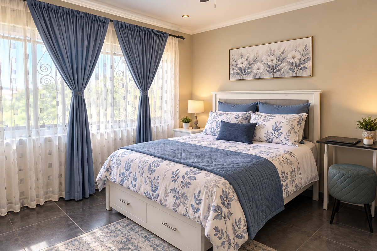 A well-maintained bedroom featuring tiled flooring, crown molding, recessed lighting, and a ceiling fan, offering a clean and comfortable living space.